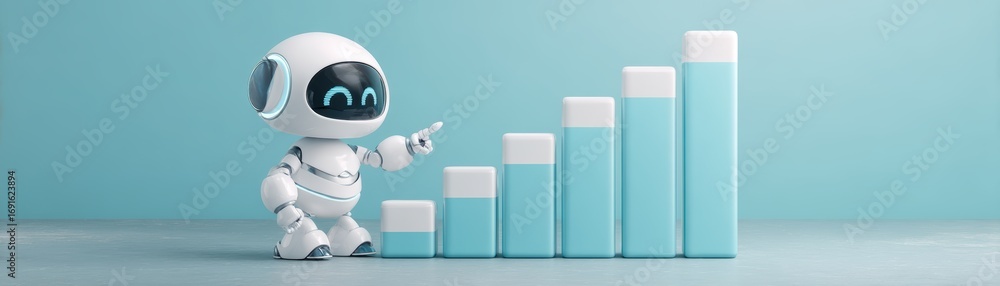Poster a cheerful robot points at ascending bar graphs, symbolizing growth and progress against a soothing 