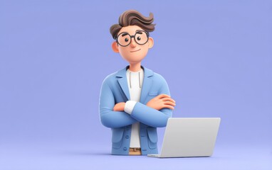 A digital character features a young professional wearing glasses and a blue blazer. He stands confidently with arms crossed next to an open laptop against a purple background.