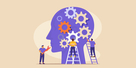 Team of people working together to build and repair gears inside a human head silhouette symbolizing teamwork and problem solving