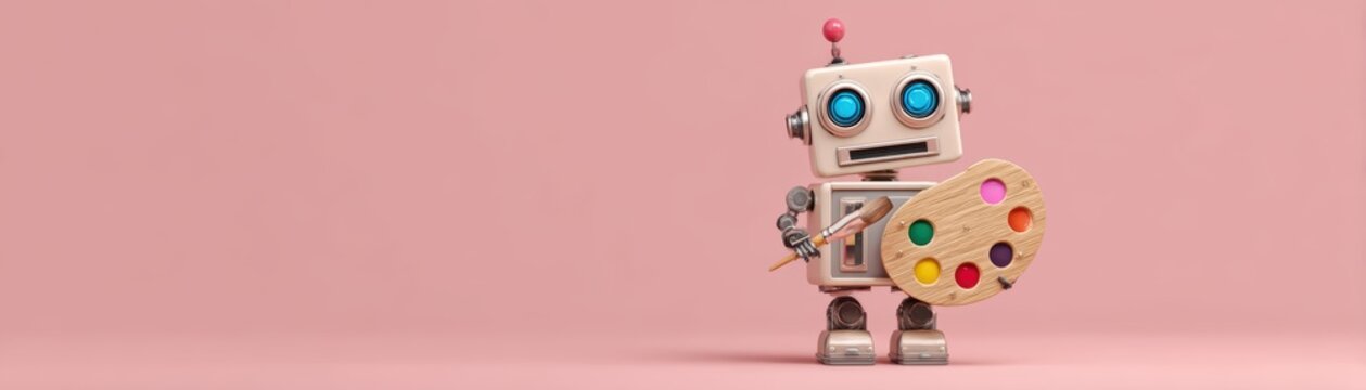 A cheerful robot holds a paint palette, showcasing creativity against a soft pink background, blending technology with artistic expression with space for text, cute teacher robot