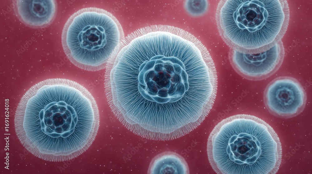 Poster microscopic view of colorful bacteria on abstract gradient background with soft light effect and dyn