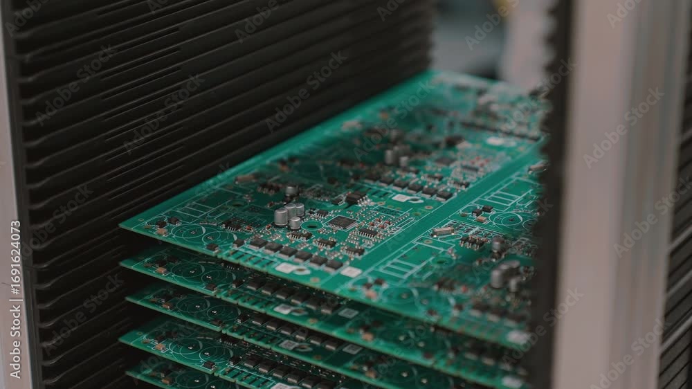 Poster slow-motion of stacked circuit boards in a tech manufacturing setting