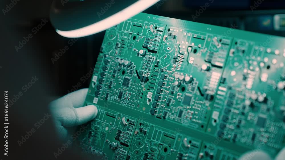 Poster hands examining a circuit board under magnification in slow motion