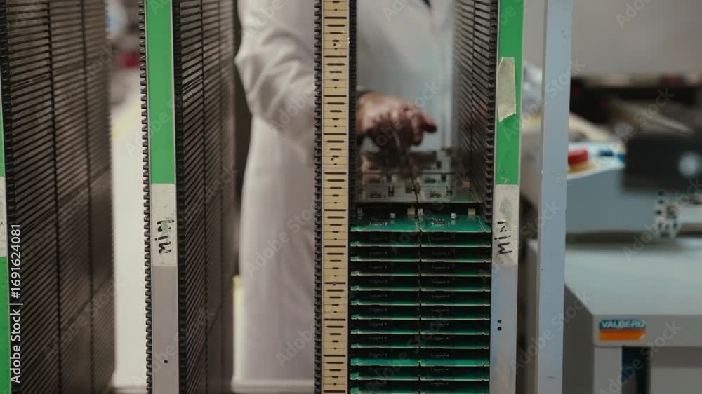 Poster slow motion of a technician handling circuit boards in a lab environment