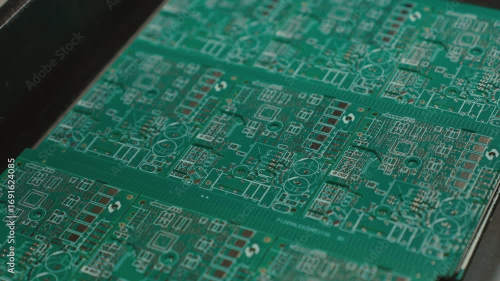 Poster slow motion close-up of circuit boards in a tech assembly line
