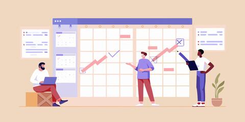 Diverse team collaborating on a project timeline and strategy using a large calendar and charts