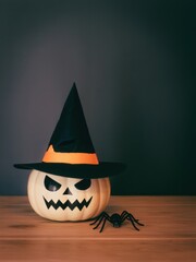 Halloween Pumpkin with Witch Hat and Spider Decor