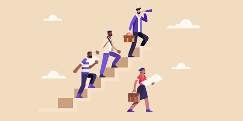 Diverse group of professionals climbing stairs towards future success and opportunities holding documents and briefcases