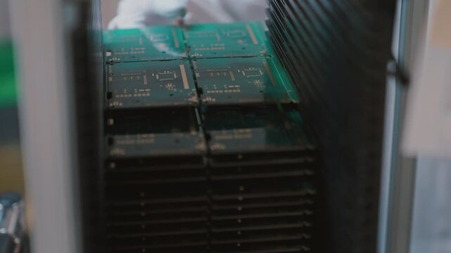 Slow motion of computer chips stacked closely in a factory setting