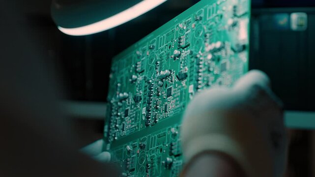 Technician inspects circuit board under lamp in slow motion detail view