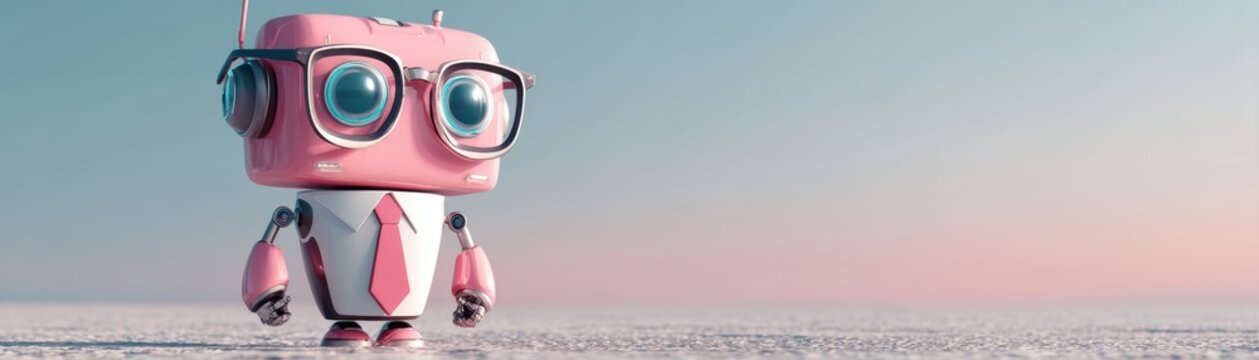 A whimsical pink robot with glasses and a tie stands on a minimalistic landscape, reflecting a blend of technology and playfulness with space for text, cute teacher robot