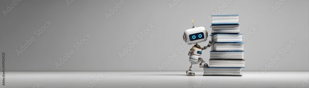 Poster a playful robot interacts with a tall stack of books, symbolizing knowledge and the intersection of 