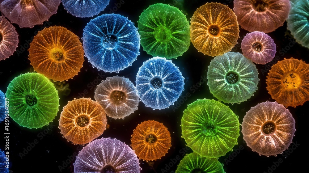 Poster vibrant microscopic close-up of colorful algae cells displaying unique shapes and patterns in a dark