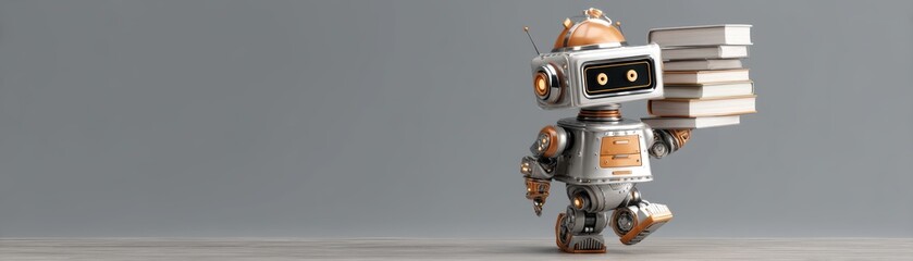 Fototapeta premium A whimsical robot carrying books, showcasing a blend of technology and education in a minimalist setting with space for text, cute teacher robot