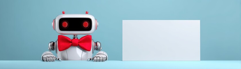 A cheerful robot with a red bowtie sits next to a blank white sign against a light blue background, ready for a presentation or message with space for text, cute teacher robot