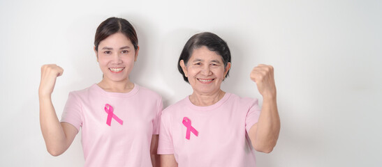 Couple woman with pink Ribbon for Pink October Breast Cancer Awareness month, May Women Health, November Birth Parents Adoption, women rights, Empowerment, March International Women day and Cancer day