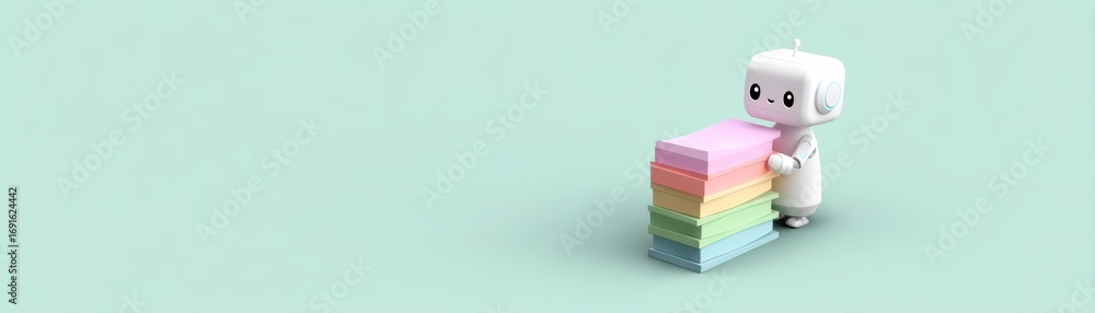 Poster a cute robot stacking colorful sheets of paper against a soft green background, showcasing creativit