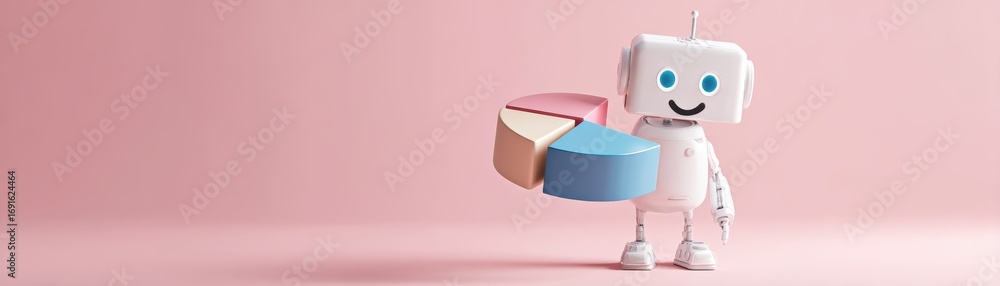 Poster a cheerful robot holds a colorful pie chart against a soft pink background, symbolizing data analysi