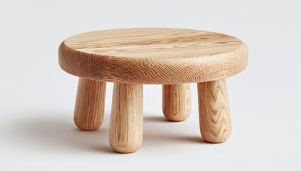 Light-colored wood stool with rounded top and four simple legs