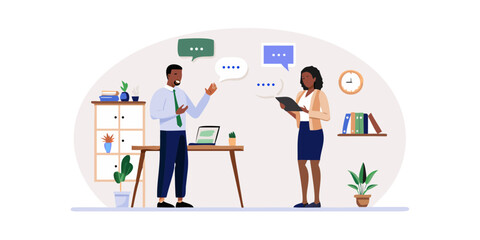 Diverse business colleagues discussing ideas and collaborating in a modern office setting with plants and a clock