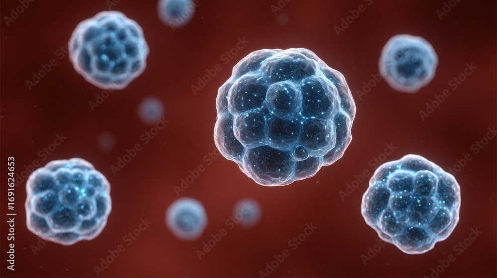 Aufkleber microscopic view of floating cells with glowing blue structures on a deep red background, illustrati