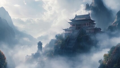 Majestic asian temple perched atop a mist-shrouded mountain peak landscape