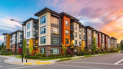 A modern apartment complex with geometric architecture glowing under the warm hues of a sunset.