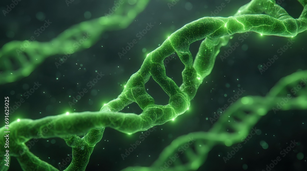 Poster high-definition close-up view of molecular structure of dna with glowing green elements on a dark ba
