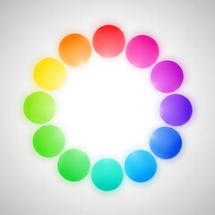 A vibrant circular arrangement of glowing, multicolored circles displays a spectrum of hues, creating a dynamic and colorful design element.