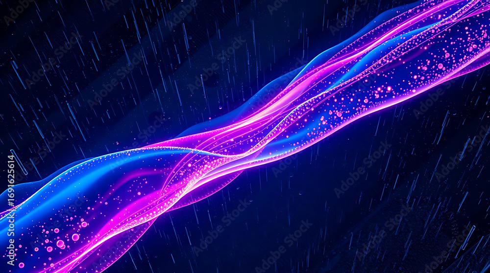 Poster abstract dark background with flowing neon light wave and glowing particles, futuristic technology c