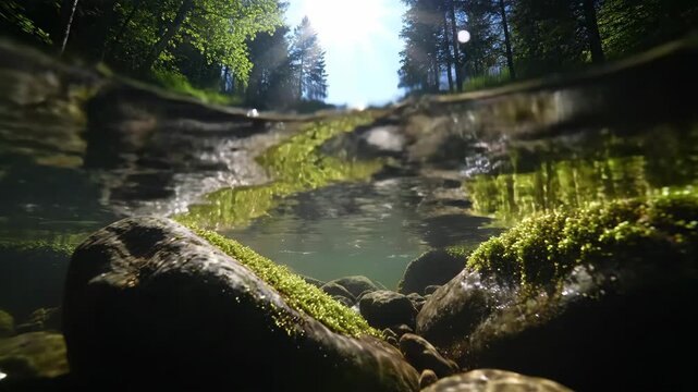 A split-level view of a clear forest stream with mossy rocks underwater and lush green trees above.
