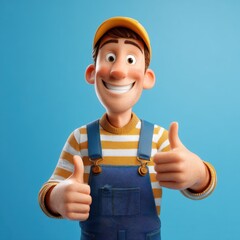 A cheerful cartoon character with short brown hair wears a yellow cap and striped sweater. He is giving two thumbs up, radiating positivity against a solid blue background.
