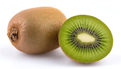 Whole and sliced kiwi fruit on white background
