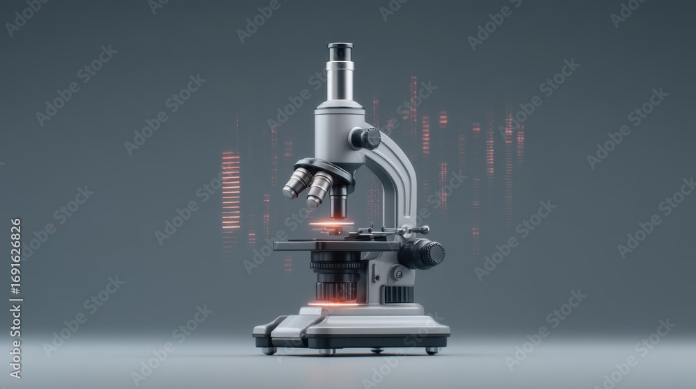 Poster modern laboratory microscope with digital interface for scientific research and exploration in a hig