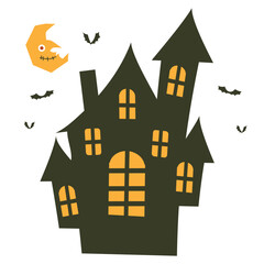ハロウィンのお化け屋敷とコウモリ、月のイラストセット/Halloween Haunted House and Bats, Moon Illustration Set
