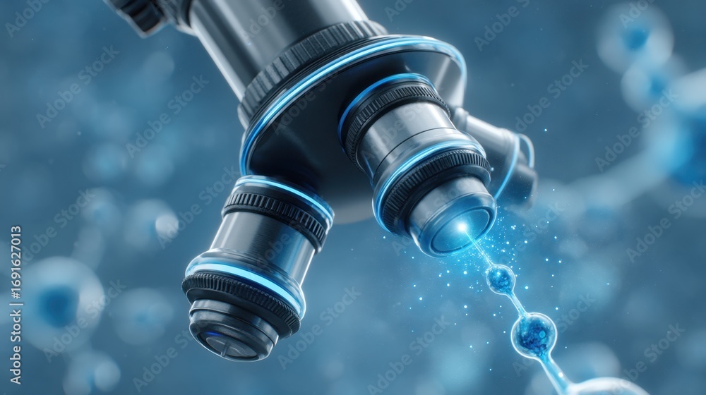 Poster advanced microscope analysis with glowing lenses reveals dynamic molecular structures in a futuristi