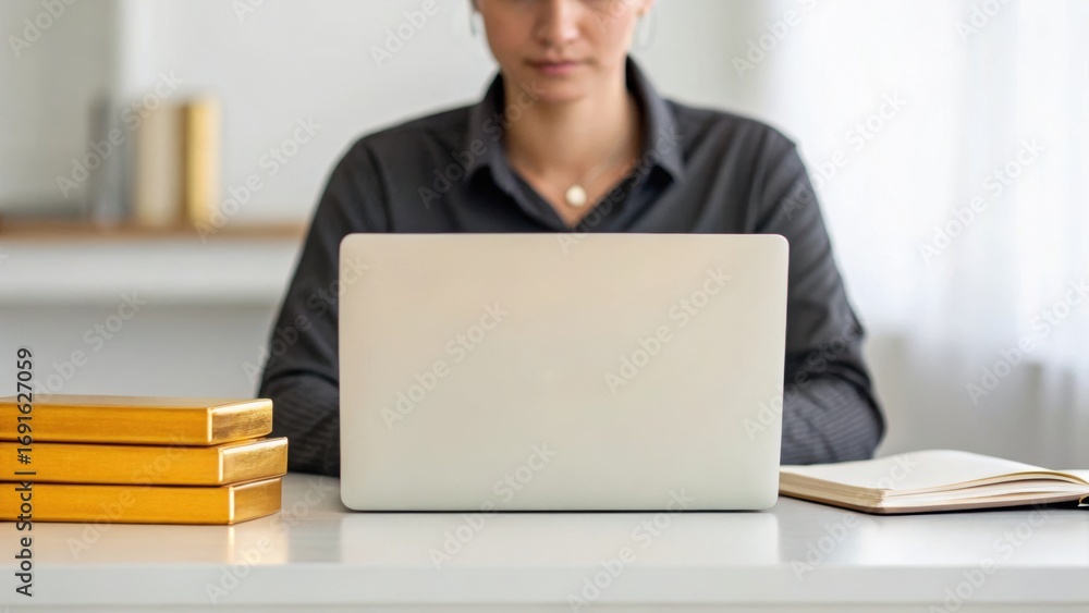 Poster person working on a laptop at a desk with stacked books, creating a focused and productive environme