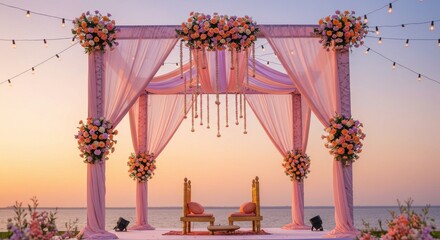 Indian wedding style banner background, mandap decor on pastel gradient 
