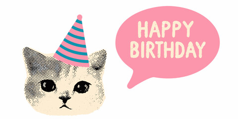 Cute cat wearing party hat with happy birthday speech bubble illustration