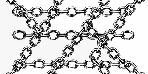Interconnected metal chains forming a complex geometric pattern on a white background