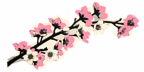 Delicate pink and white cherry blossoms on a dark branch with a textured background