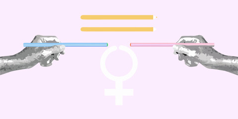 Two hands holding colored pencils facing each other with the female symbol in the center