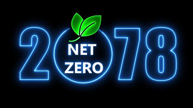 Neon sign animation displaying net zero 2078 with green leaves on black background
