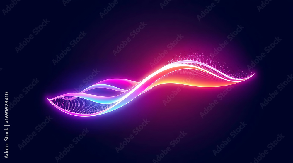 Poster abstract neon light wave with glowing particles on dark background creates a futuristic design eleme