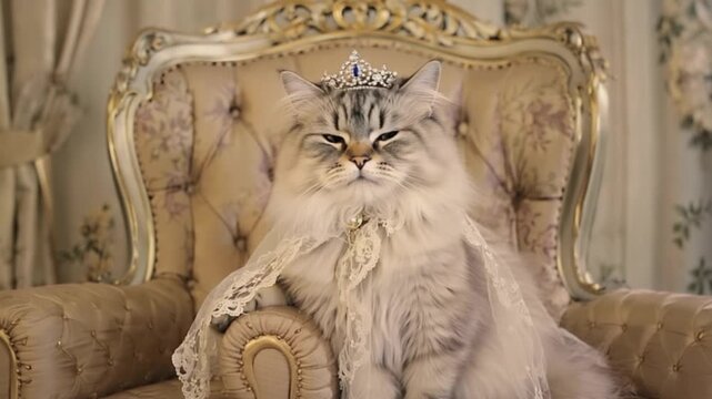 Majestic Fluffy Cat Sitting Like a King on a Throne
