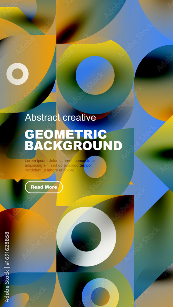 Poster abstract geometric shapes overlap, creating vibrant colorful background. text promotes content with 