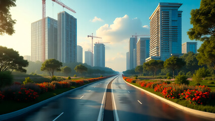 Obraz premium A scenic highway leading to a modern city skyline filled with tall skyscrapers and construction cranes under a clear blue sky with fluffy clouds