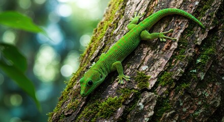 Fototapeta premium Close-up of a vibrant green day gecko clinging to the mossy bark of a tree in a lush tropical forest environment
