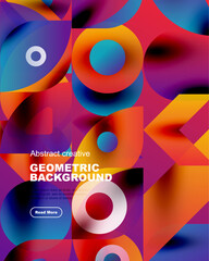 Vibrant geometric shapes overlap, creating colorful abstract background. Text promotes creative design, inviting further exploration.