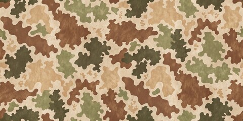 Abstract camouflage pattern with irregular shapes in earthy tones of brown green and beige for military or fashion design